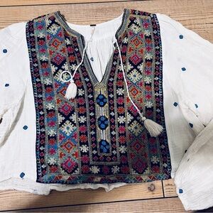 Free People Cream Blouse with Colorful Embroidery